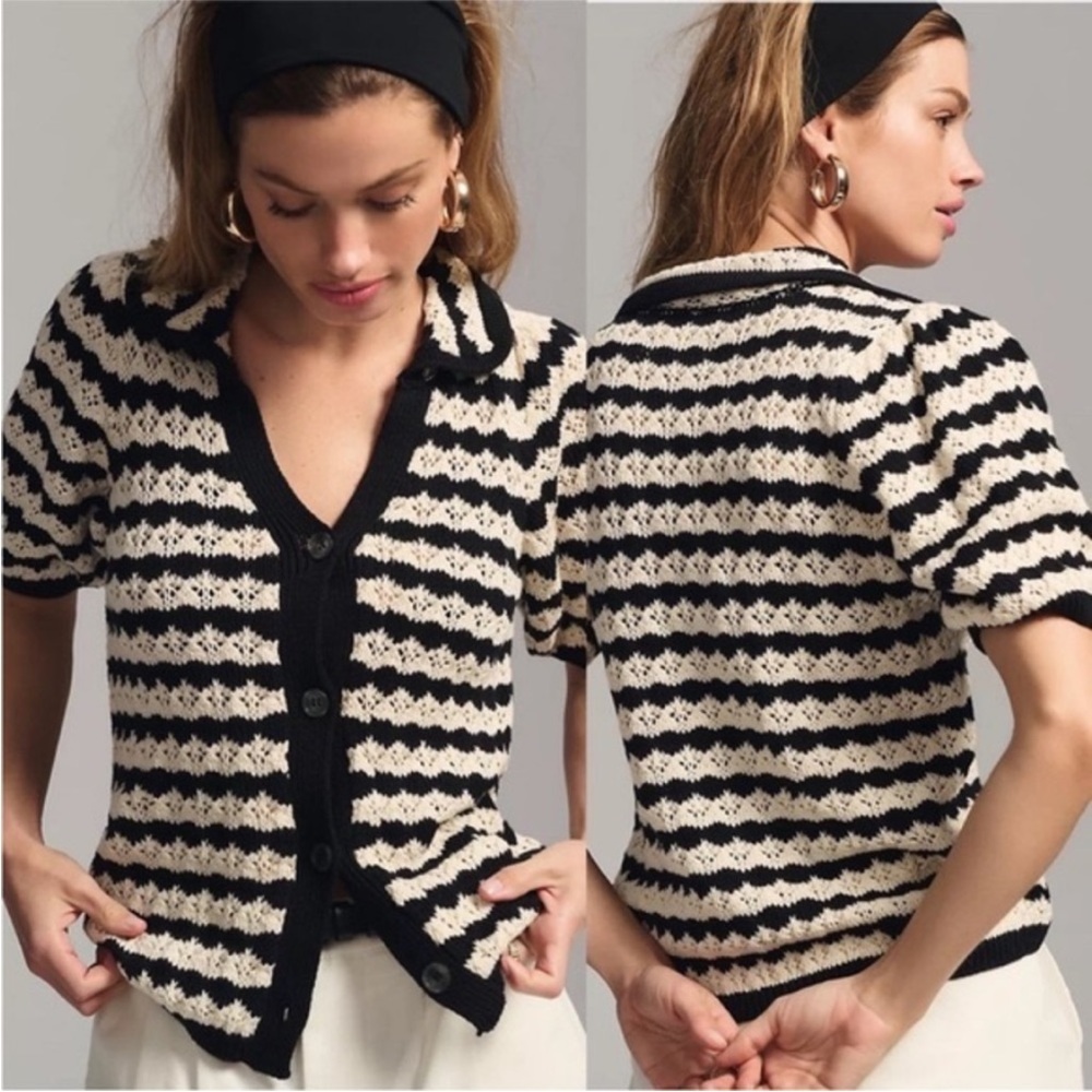 Anthropologie Maeve Striped Crochet Sweater Knit Short Sleeve Cardigan Top Small